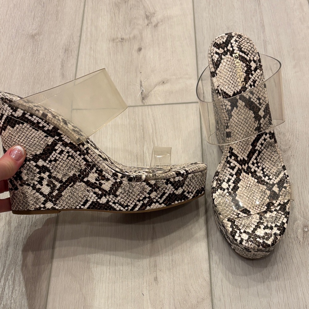 Express Black and Cream Snakeskin Wedges